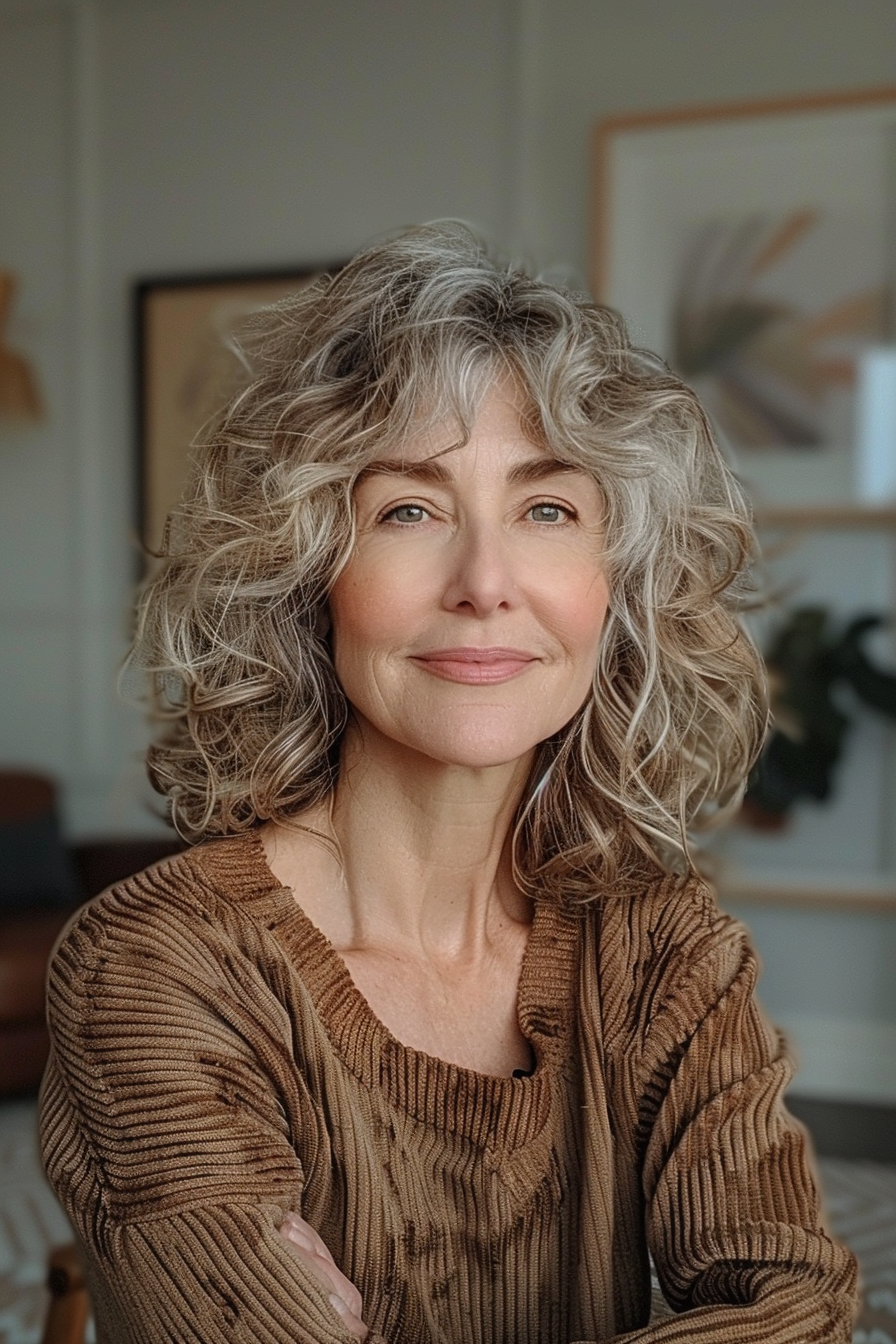 Grey Layered Bob With Full Curls — Winter Hairstyles for Women Over 60