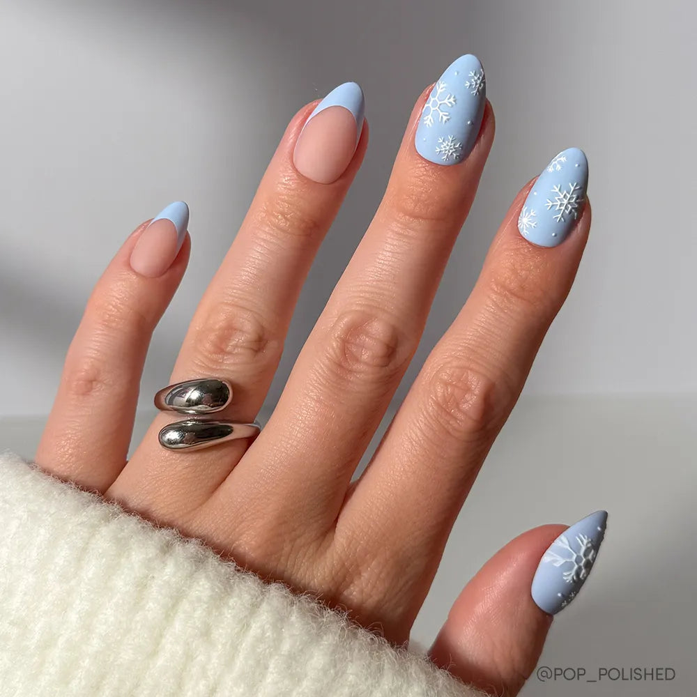 Short Matte Blue with Snowflakes & French Tips Short Matte Blue with Snowflakes & French Tips — Winter Matte Nails