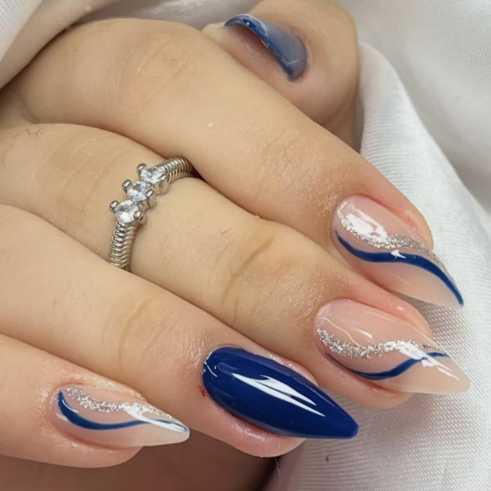 Neutral Medium Stiletto Navy Accents — Navy Blue Nails