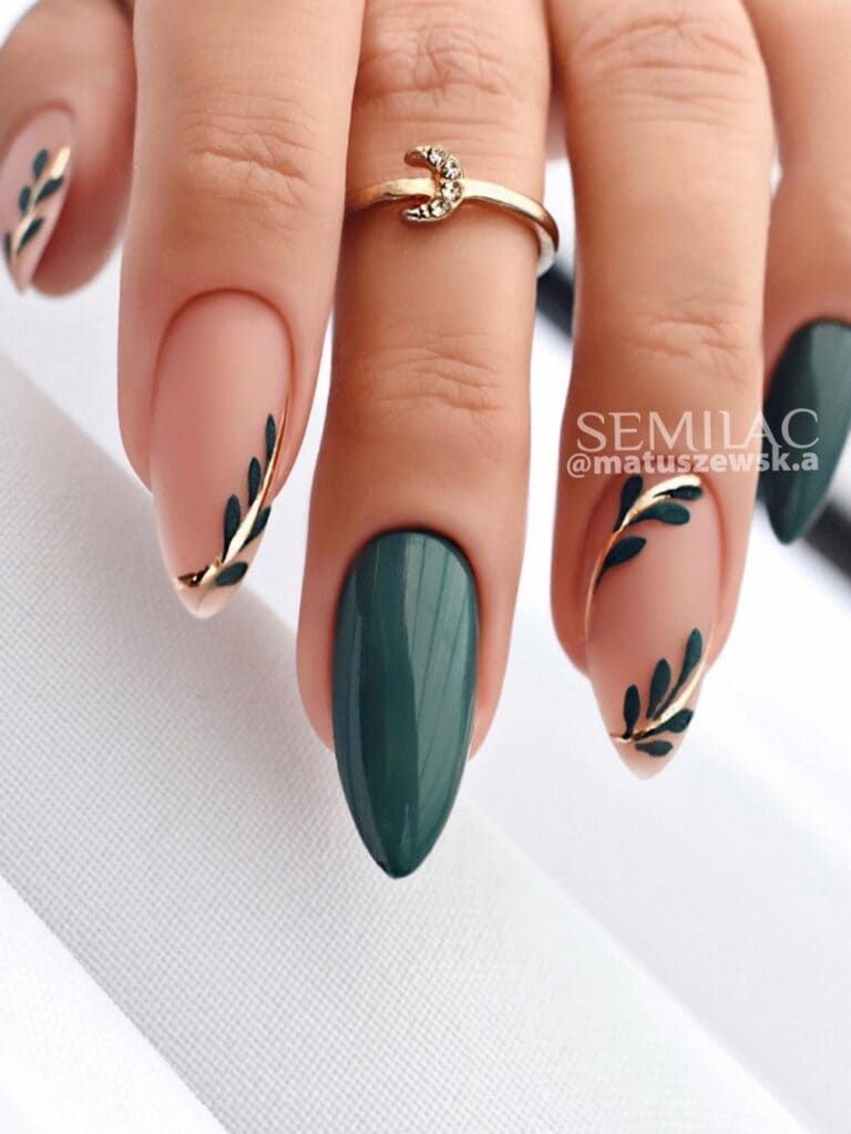 Deep Green Nude Gold Leaf Nails Deep Green Nude Gold Leaf Nails — Winter Green Nails
