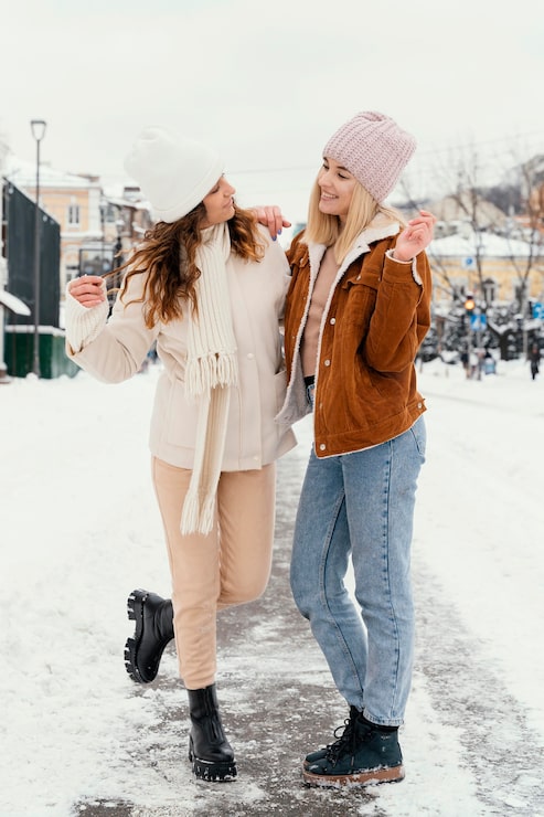 Cream Puffer Jacket and Scarf Paired with Beige Pants Cream Puffer Jacket and Scarf Paired with Beige Pants — Snow Day Outfits