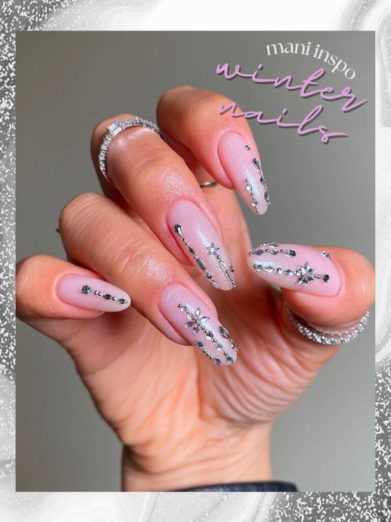 Glossy Iridescent Shimmer Rhinestones Visual Idea Glossy Iridescent Shimmer Rhinestones Visual Idea — Winter Acrylic Nail Colors