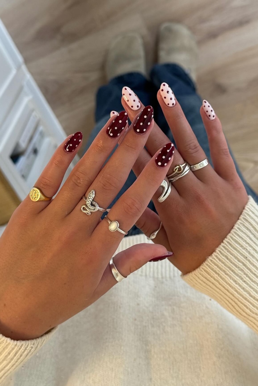 Retro Burgundy Stilettos with White Polka Dots — Burgundy Nails