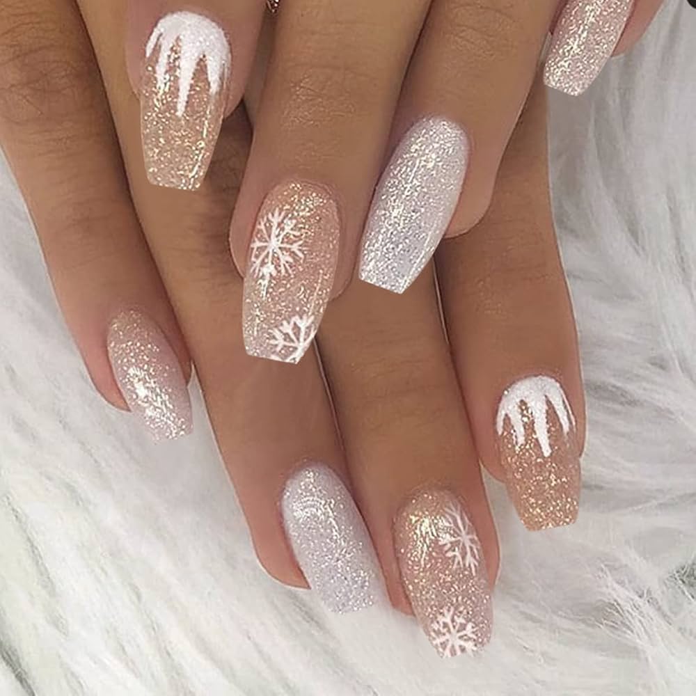 Champagne Glitter Icicle Snowflake Coffin Nails Champagne Glitter Icicle Snowflake Coffin Nails — Winter Coffin Nails