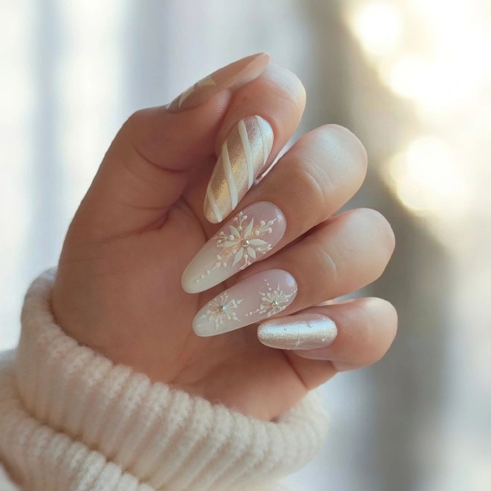 Sheer Shimmer Snowflake Almond Nails Sheer Shimmer Snowflake Almond Nails — Winter Nails