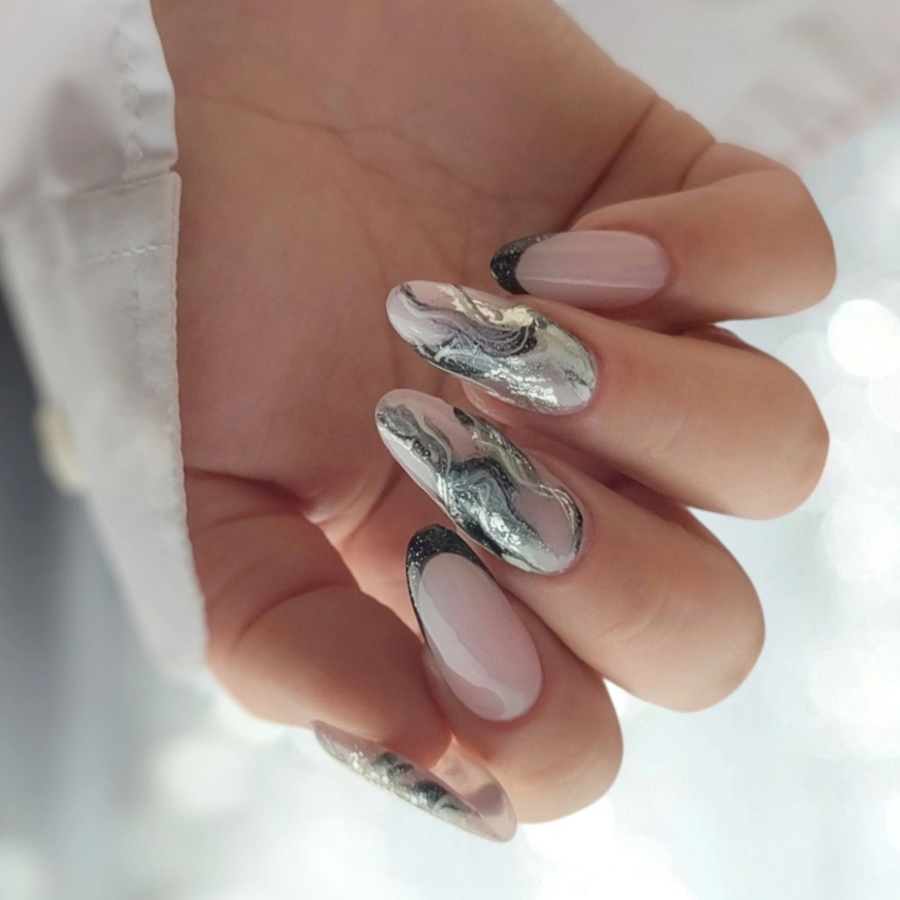 Marble with Black French Tips — Winter Marble Nails