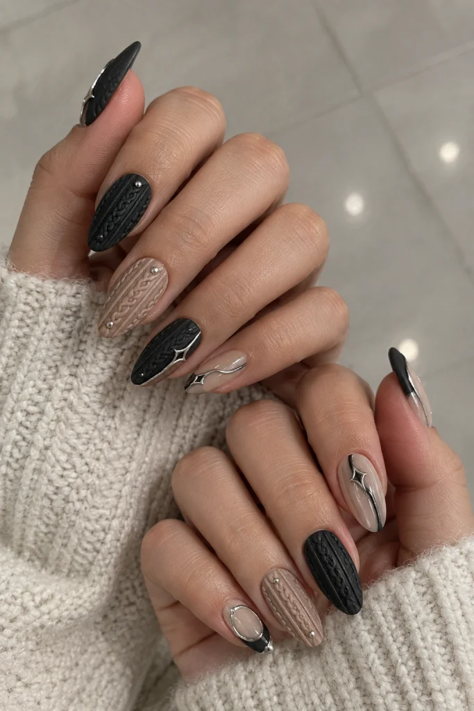 3D Sweater Texture Dark Grey Coffin Nails 3D Sweater Texture Dark Grey Coffin Nails — Winter Gray Nails