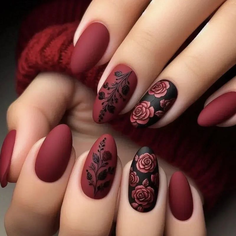 Medium Oval Matte Deep Red with Black Floral Art Medium Oval Matte Deep Red with Black Floral Art — Winter Matte Nails
