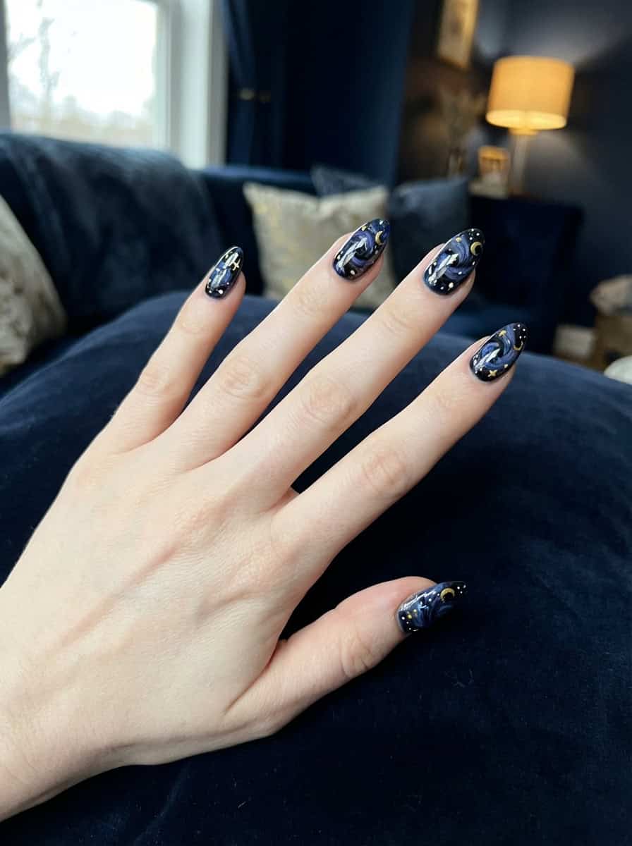 Medium Stiletto Galaxy Navy Art — Navy Blue Nails