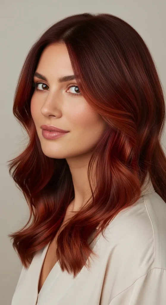 Layers Collarbone Length with Copper Cherry Highlights — Cherry Cola Hair Color