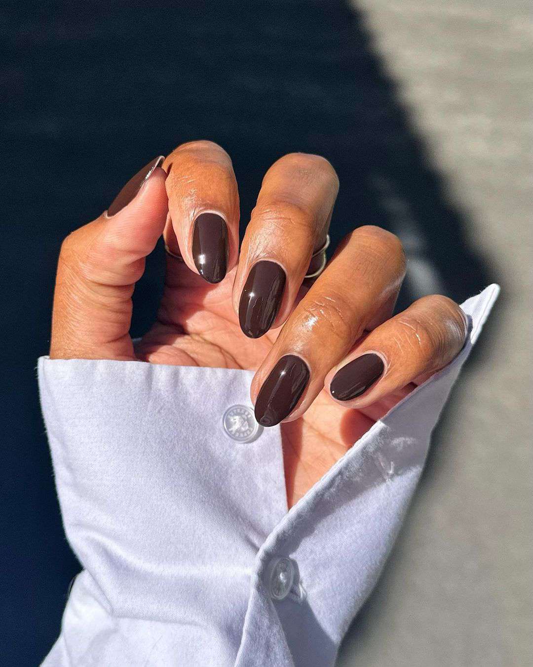 Rich Dark Chocolate Brown Glossy Medium Almond Nails Rich Dark Chocolate Brown Glossy Medium Almond Nails — Winter Nail Colors for Dark Skin