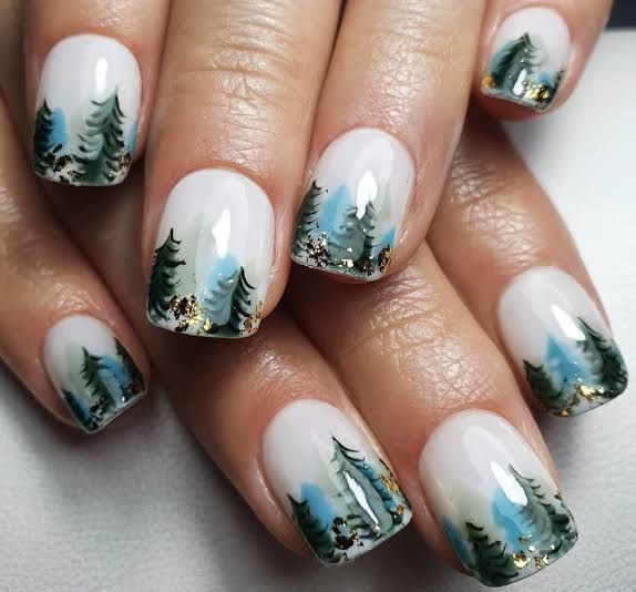 Winter Forest Scene Green Nails Winter Forest Scene Green Nails — Winter Green Nails