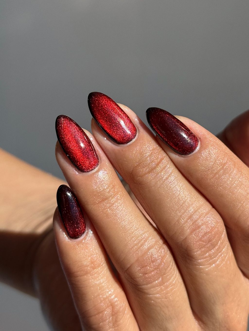 Deep Red Magnetic Cat-Eye Nails — Winter Nail Colors for Women Over 40