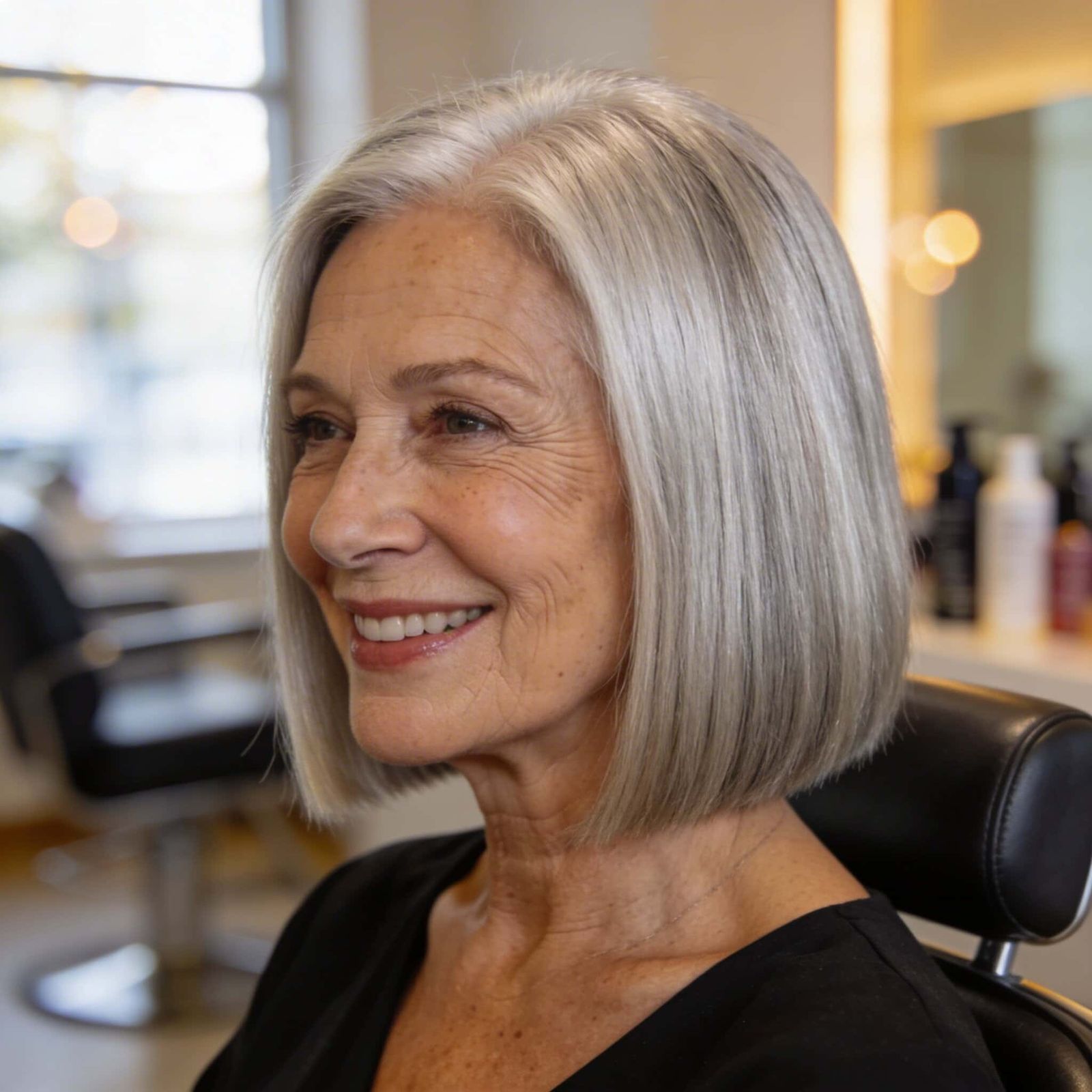 Sharp Silver Grey Bob from Side — Winter Haircuts for Women Over 70