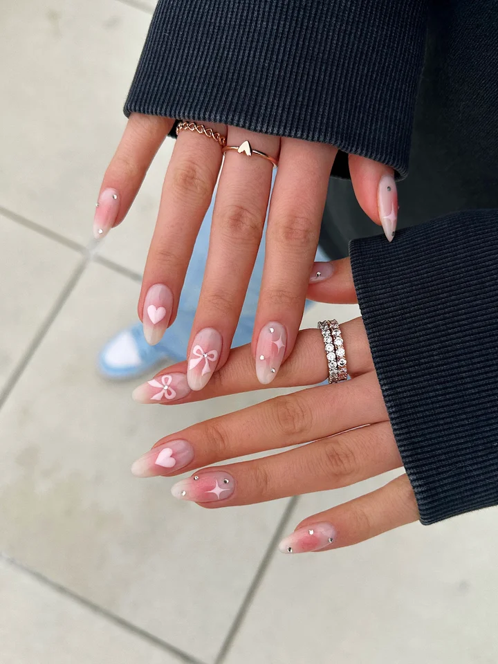 Sweet Hearts, Bows, and Rhinestones Sweet Hearts, Bows, and Rhinestones — Winter Nail Designs