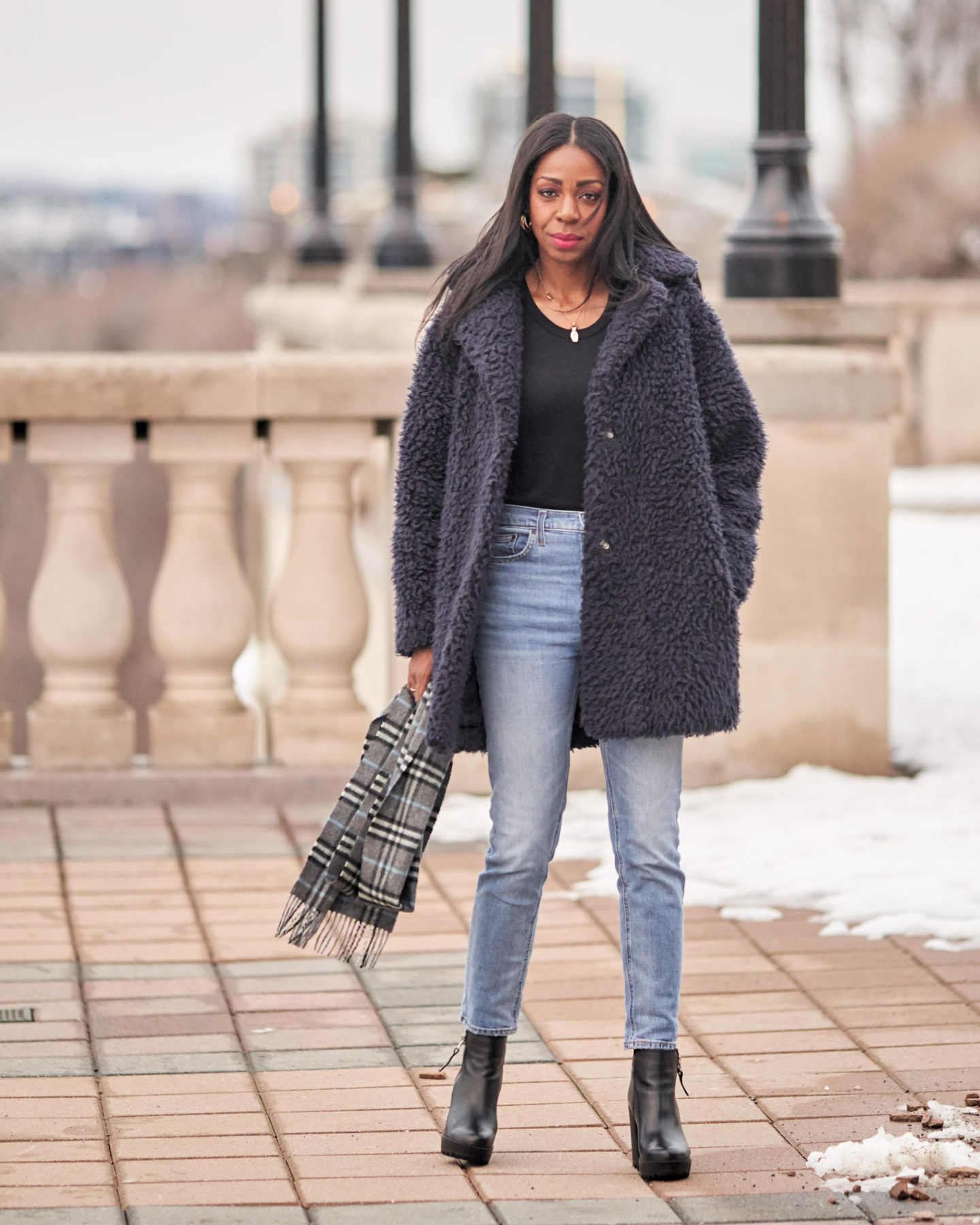 Fleece Knit Denim Outfit Idea — Teddy Coat Outfits