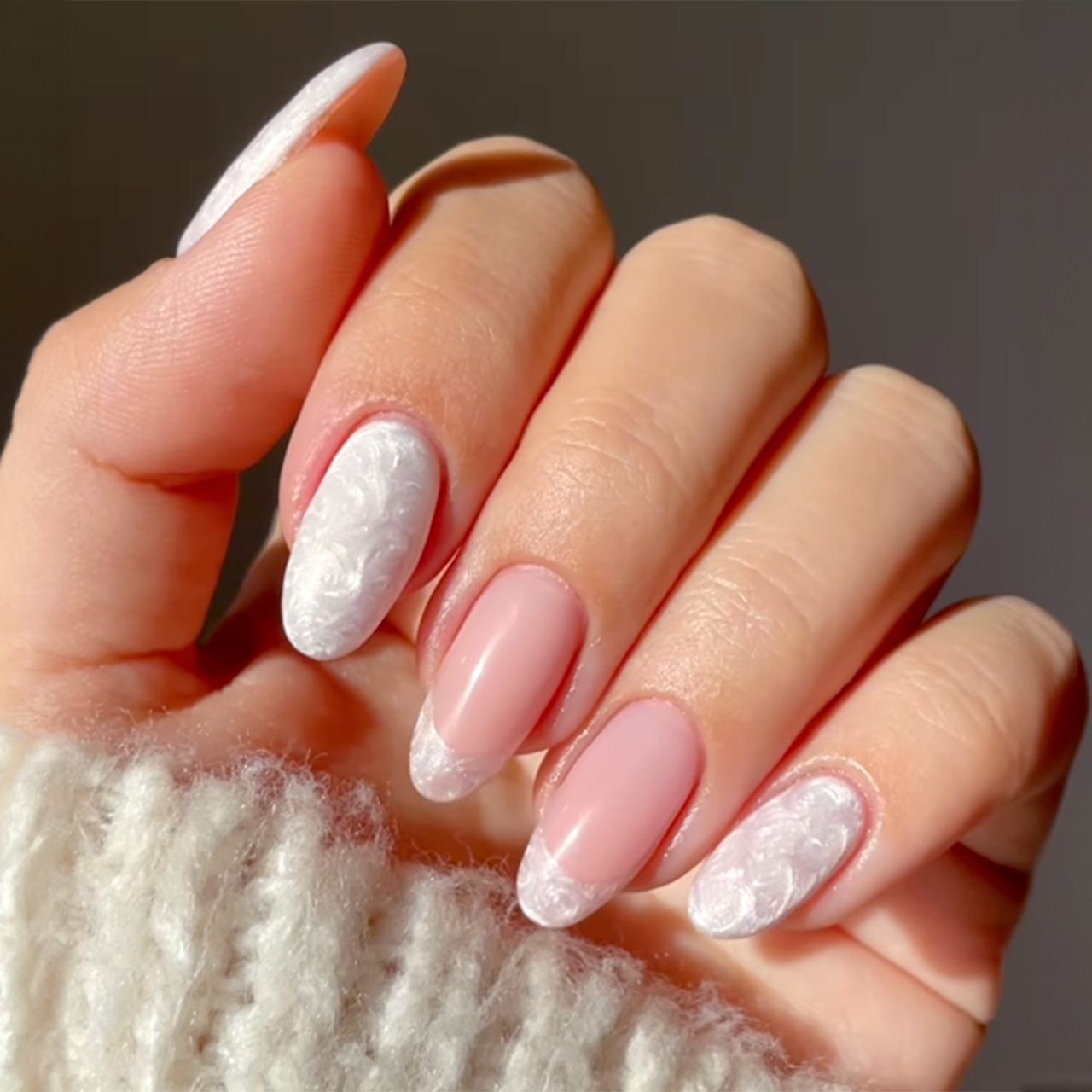 Textured White Floral Pattern Medium Oval Nails — Winter White Nails