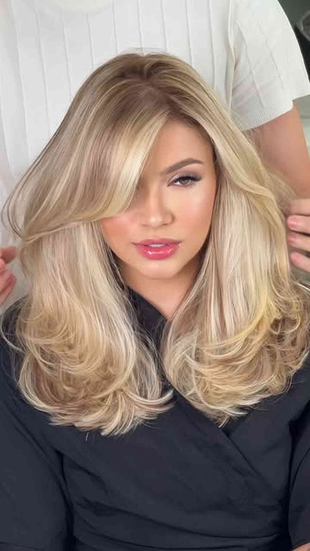 Shoulder Length Layers With Curtain Bangs Shoulder Length Layers With Curtain Bangs — Medium Length Winter Haircuts