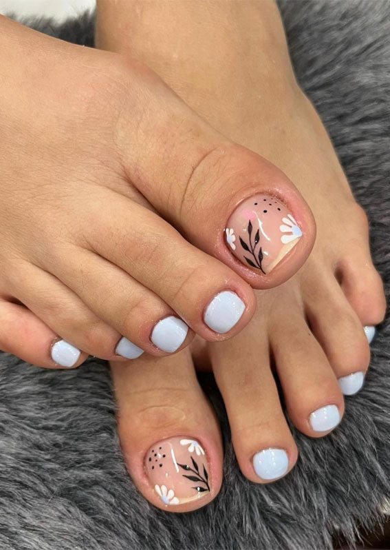 Pale Blue with Delicate Floral Art Pale Blue with Delicate Floral Art — Winter Toe Nails