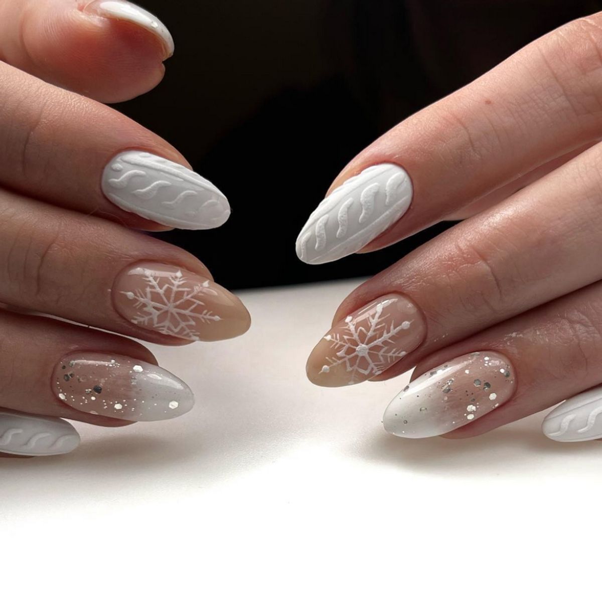 Nude Base with Cable Knit and Snowflakes — Winter Nail Art