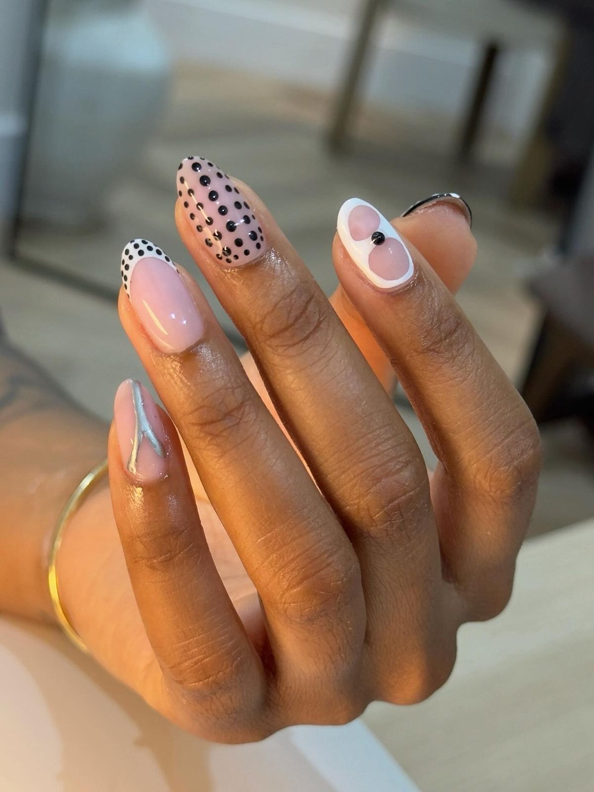 Abstract Pink White Black Gem Almonds — Short Winter Almond Nails