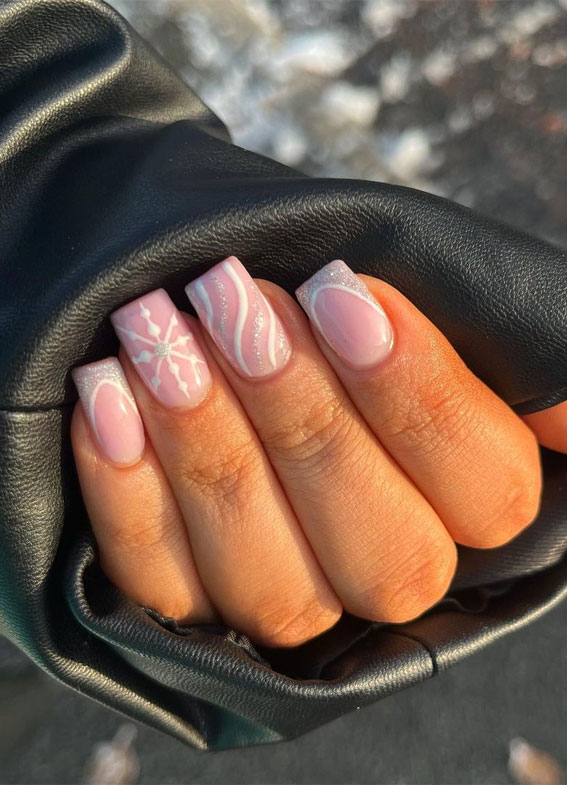 Wavy Line Snowflake French Squovals Wavy Line Snowflake French Squovals — Winter Squoval Nails