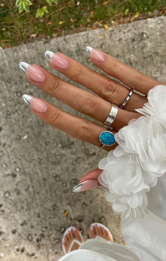 Sheer Pink Chrome French Tips Sheer Pink Chrome French Tips — Silver Chrome Nails