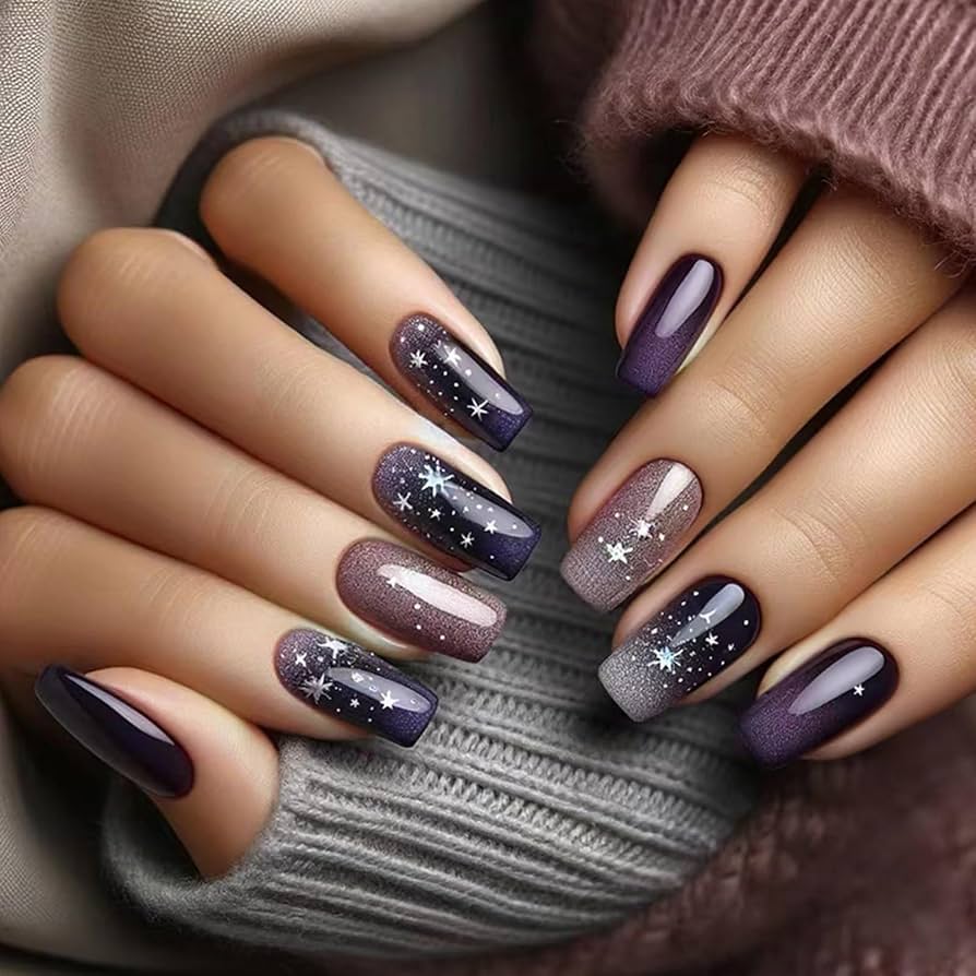 Medium Coffin Purple Grey Star Glitter Medium Coffin Purple Grey Star Glitter — Winter Square Nails