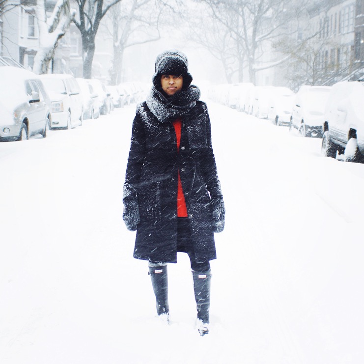 Classic Black Coat and Red Sweater with Knee-High Boots Classic Black Coat and Red Sweater with Knee-High Boots — Snow Day Outfits