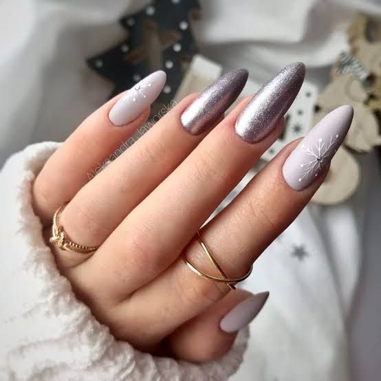 Matte Grey Snowflake Metallic Silver Matte Grey Snowflake Metallic Silver — Winter Acrylic Nails