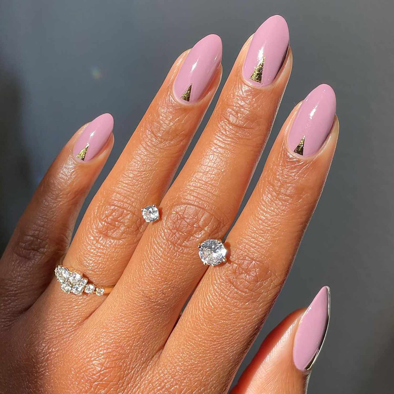 Dusty Rose Nails with Gold Triangle Accents — Winter Nail Colors for Women Over 40