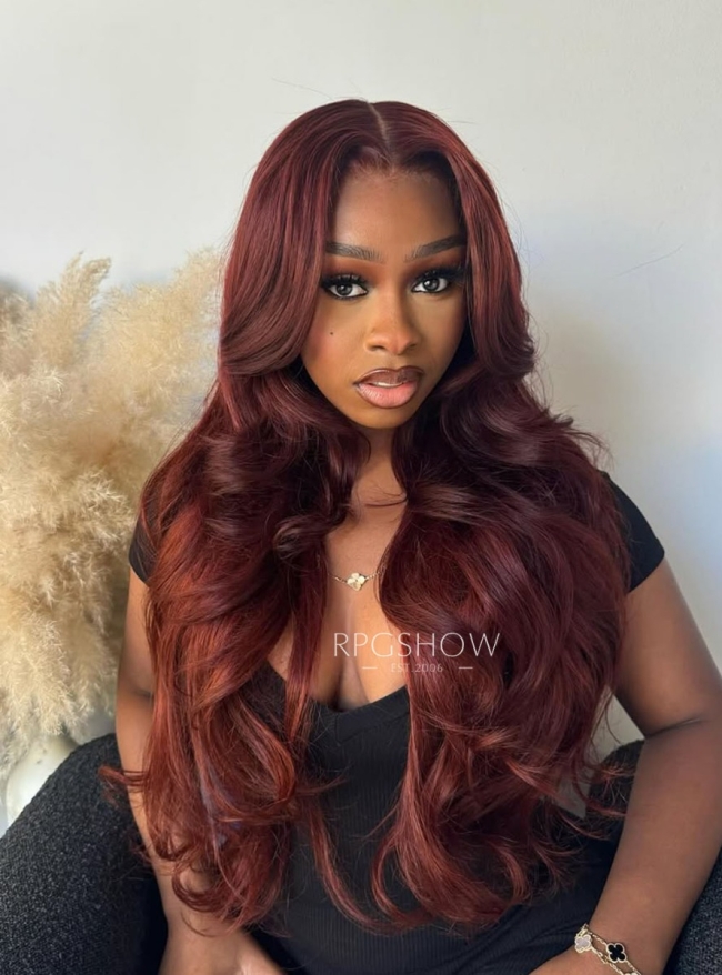 Rich Multi-Dimensional Cherry Cola with Curtain Bangs — Cherry Cola Hair Color