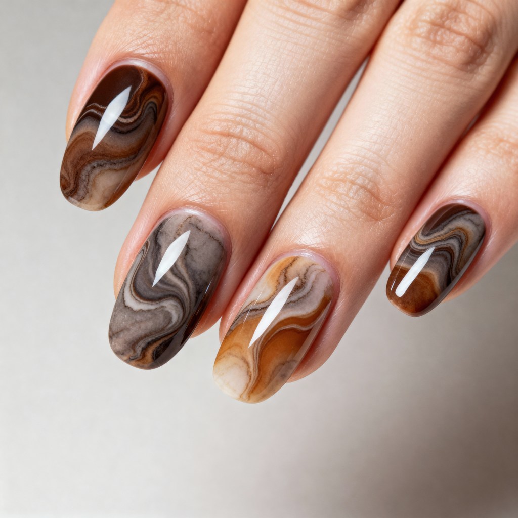 Earthy Natural Brown Marble — Winter Marble Nails