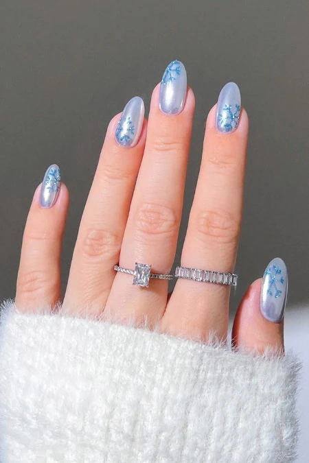Pale Blue Pearlescent Chrome with Snowflakes — Icy Blue Nails