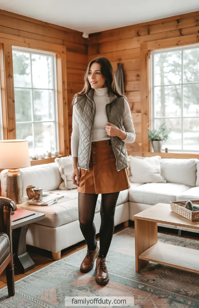 Grey Quilted Vest Over Turtleneck with Suede Skirt for Cabin Charm Grey Quilted Vest Over Turtleneck with Suede Skirt for Cabin Charm — Cabin Trip Outfits