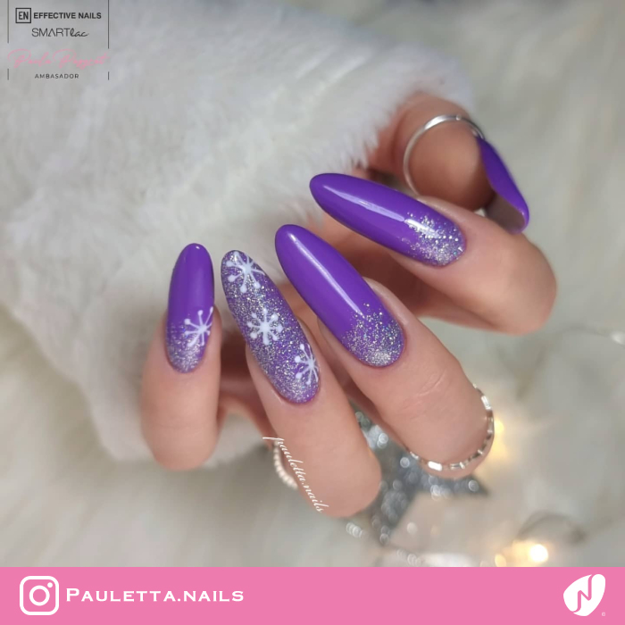 Medium Almond Vibrant Purple Snowflakes and Glitter Medium Almond Vibrant Purple Snowflakes and Glitter — Winter Purple Nails