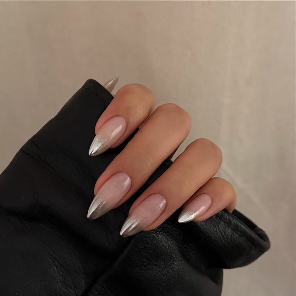 Metallic Silver Gradient French Almond Nails — Winter Formal Nails