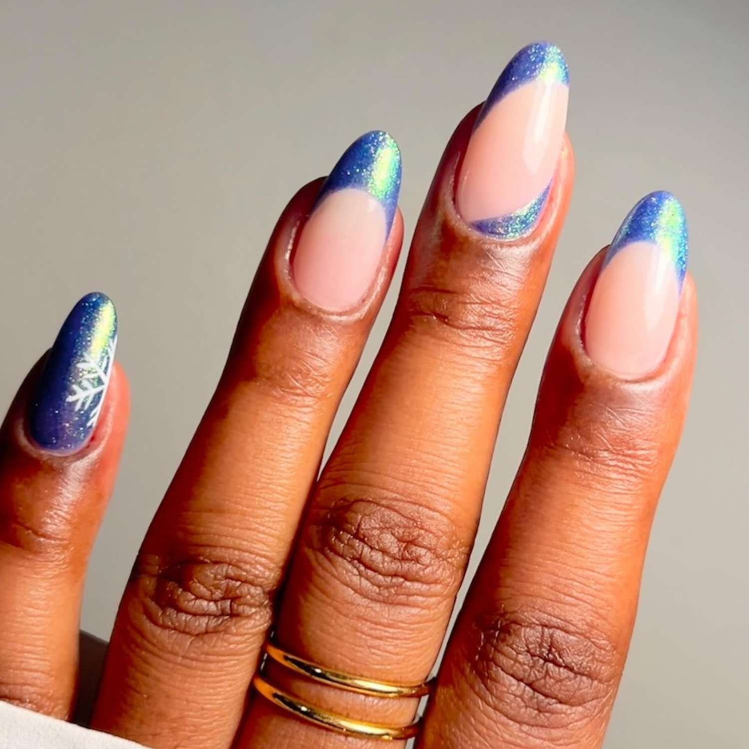 Glossy With Glitter Blue Glitter French Snowflake Nails — Winter Wonderland Nails