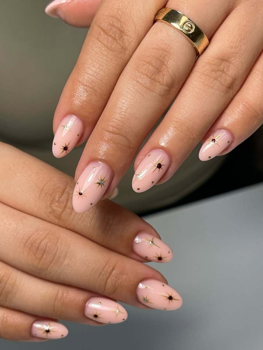 Pale Pink Star Embellished Almonds — Short Winter Almond Nails