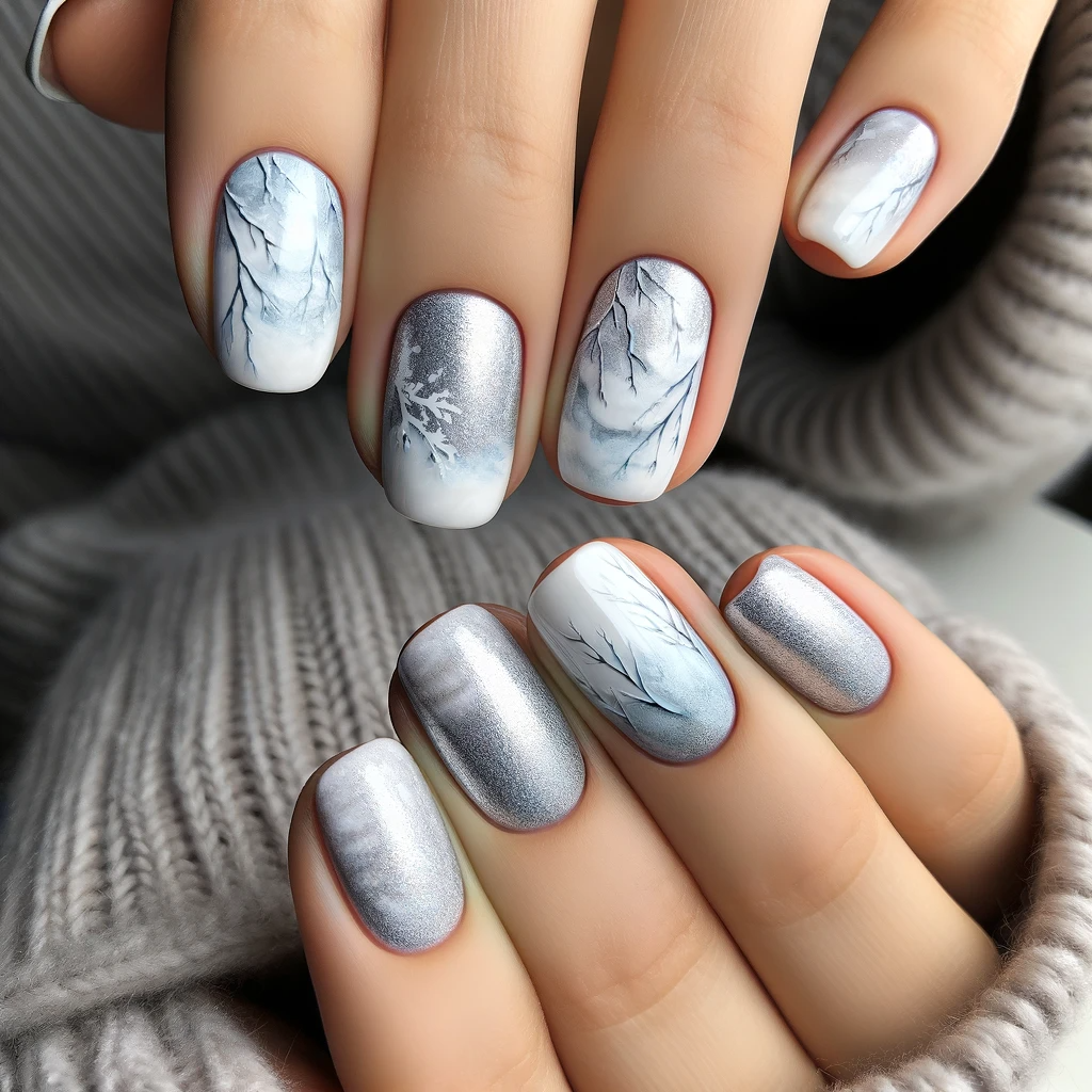 Light Gray Winter Branches Shimmer Nails Light Gray Winter Branches Shimmer Nails — Winter Gray Nails