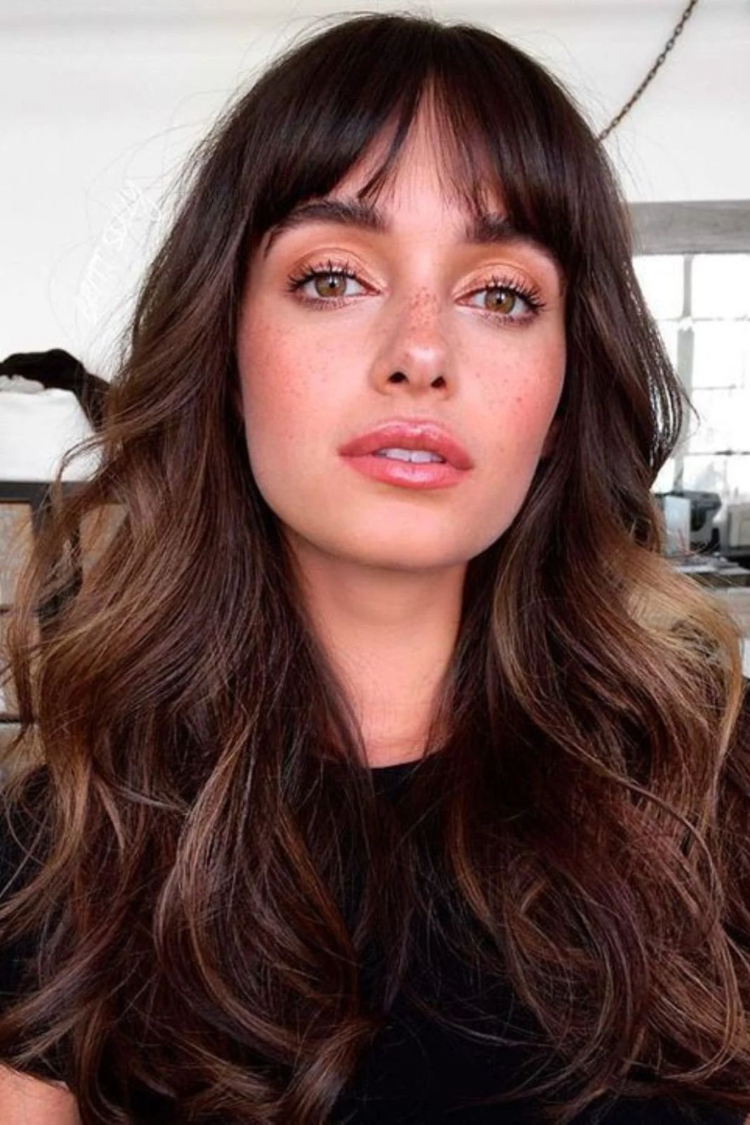 Dark Brown With Subtle Highlights Mid-Back Wavy Dark Brown With Full Bangs — Winter Haircuts with Bangs