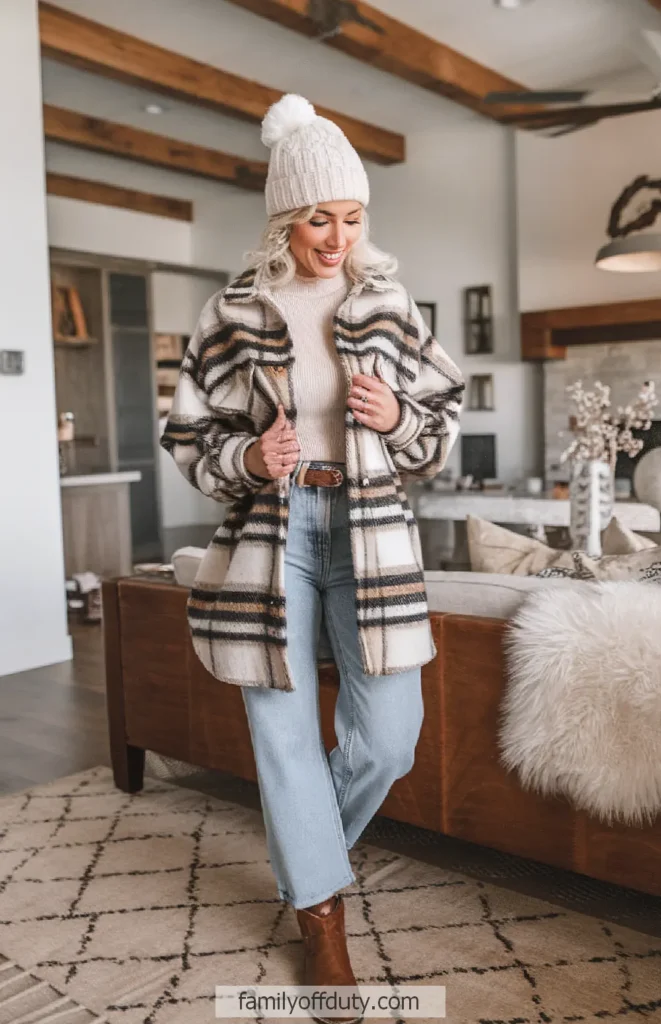 Plaid Shacket Layered with Turtleneck and Jeans for a Winter Getaway Plaid Shacket Layered with Turtleneck and Jeans for a Winter Getaway — Cabin Trip Outfits