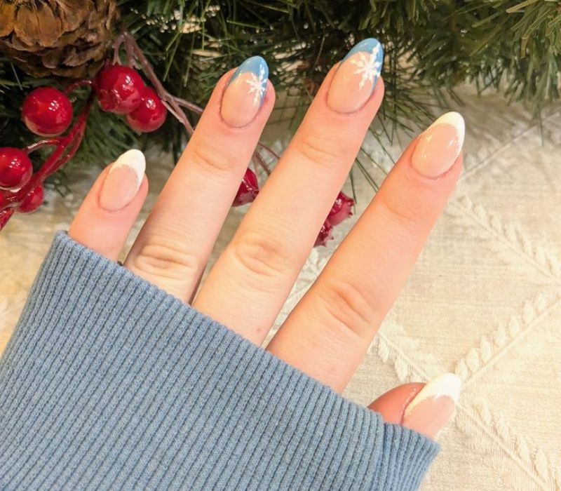 Blue Snowflake French Tip Long Almond Nails Blue Snowflake French Tip Long Almond Nails — Winter French Tip Nails