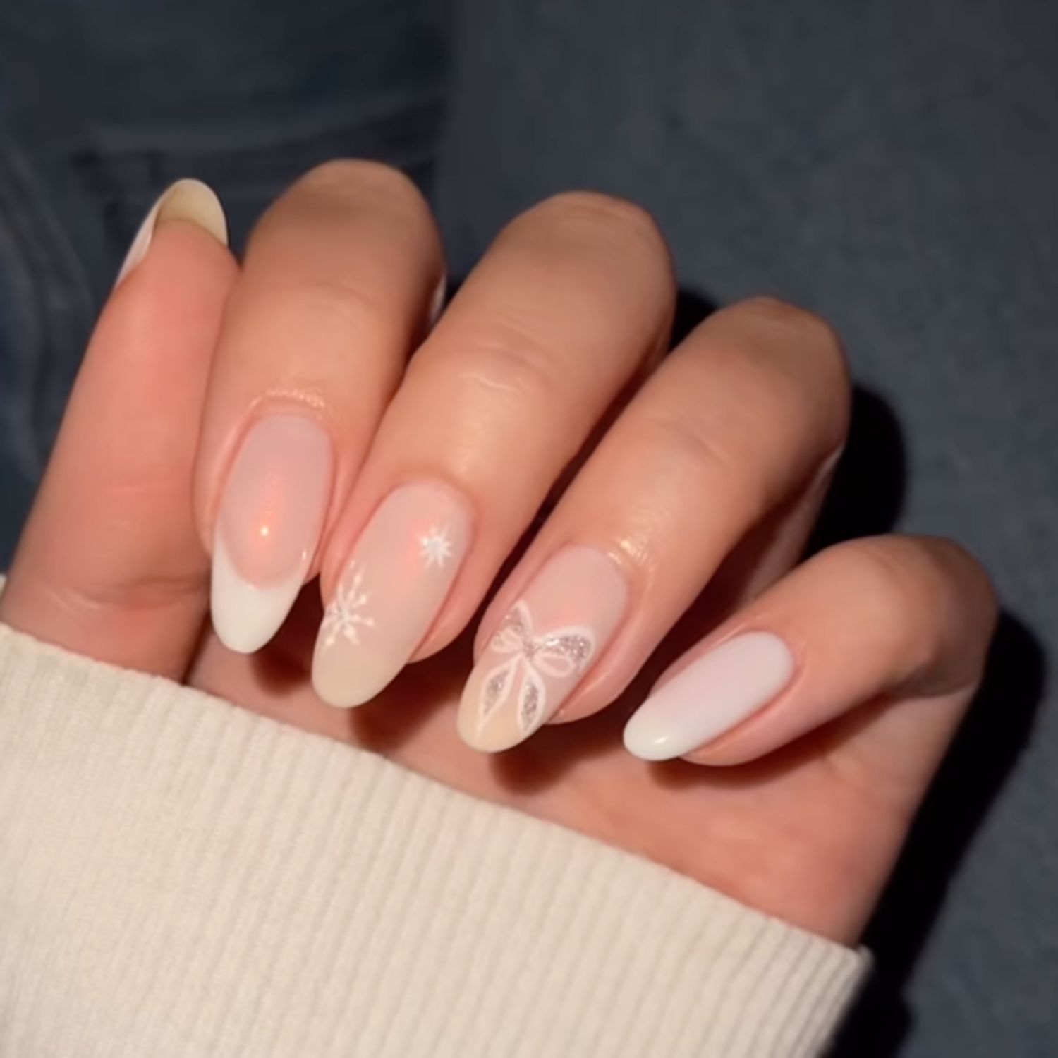 White French Tips with Snowflake and Bow Art — Winter White Nails