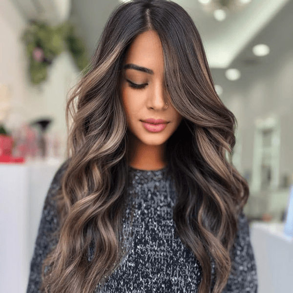 Dark Chocolate With Ash Blonde Highlights & Root Shadow — Low Maintenance Winter Hair Colors
