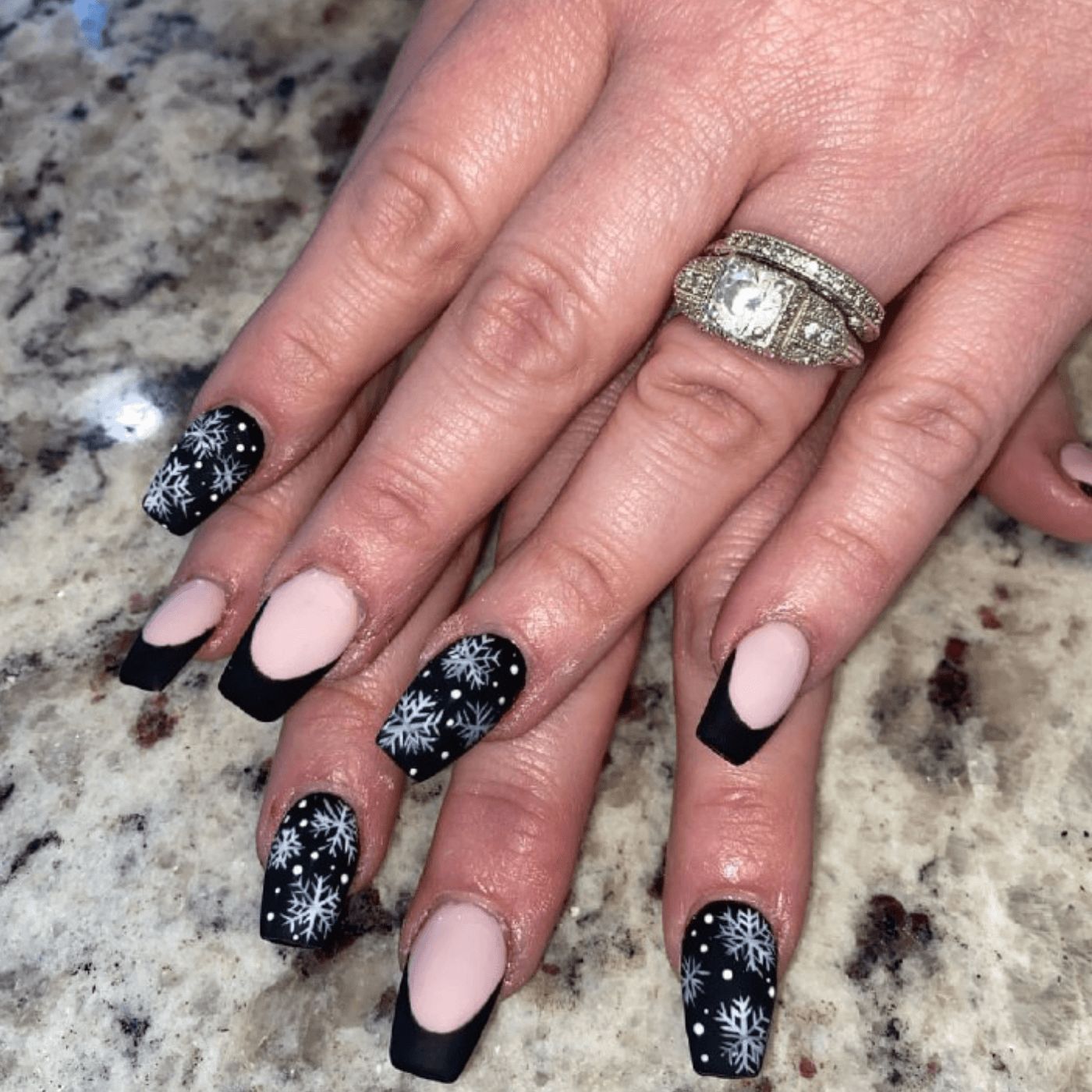 Medium Square Matte Black French with Snowflakes Medium Square Matte Black French with Snowflakes — Winter Matte Nails