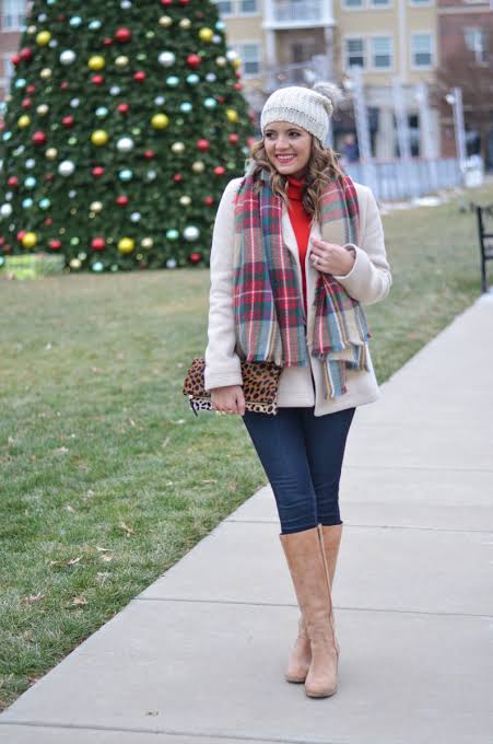 Holiday Cheer: White Pom-Pom Beanie with Plaid Scarf Holiday Cheer: White Pom-Pom Beanie with Plaid Scarf — Beanie Outfits