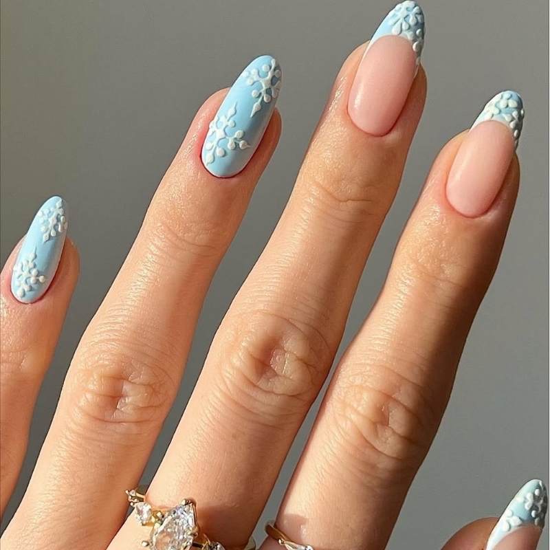 3D Snowflake Light Blue Almond Nails 3D Snowflake Light Blue Almond Nails — Classy Winter Nails
