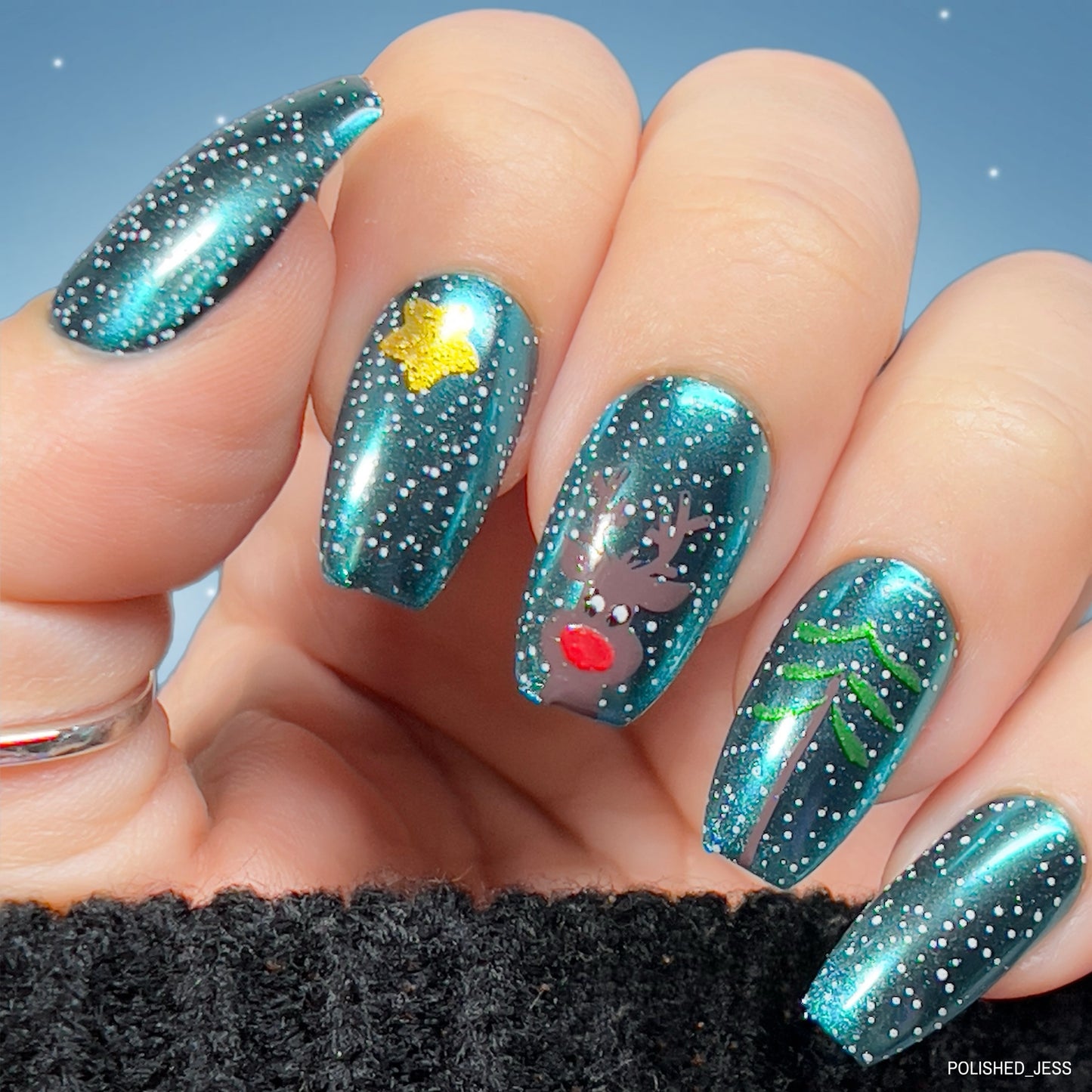 Teal Chrome Christmas Motifs Nails — Winter Wonderland Nails