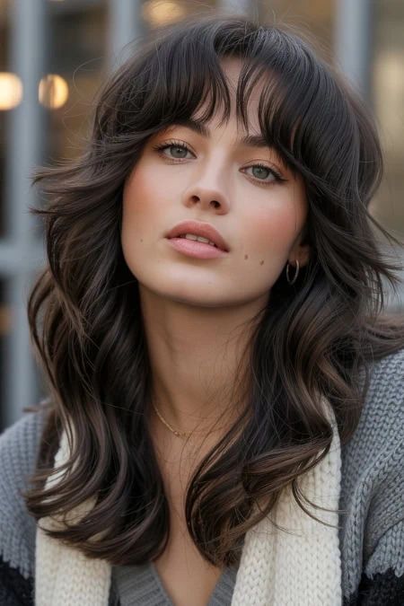 Dark Brown Shag With Voluminous Wavy Bangs — Winter Haircuts with Bangs